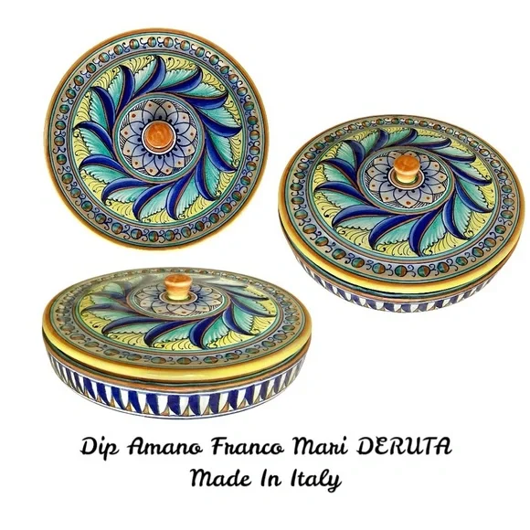 Stunning Vintage Signed Franco Mari DERUTA Bowl w/Matching Lid Made In Italy - Picture 11 of 12